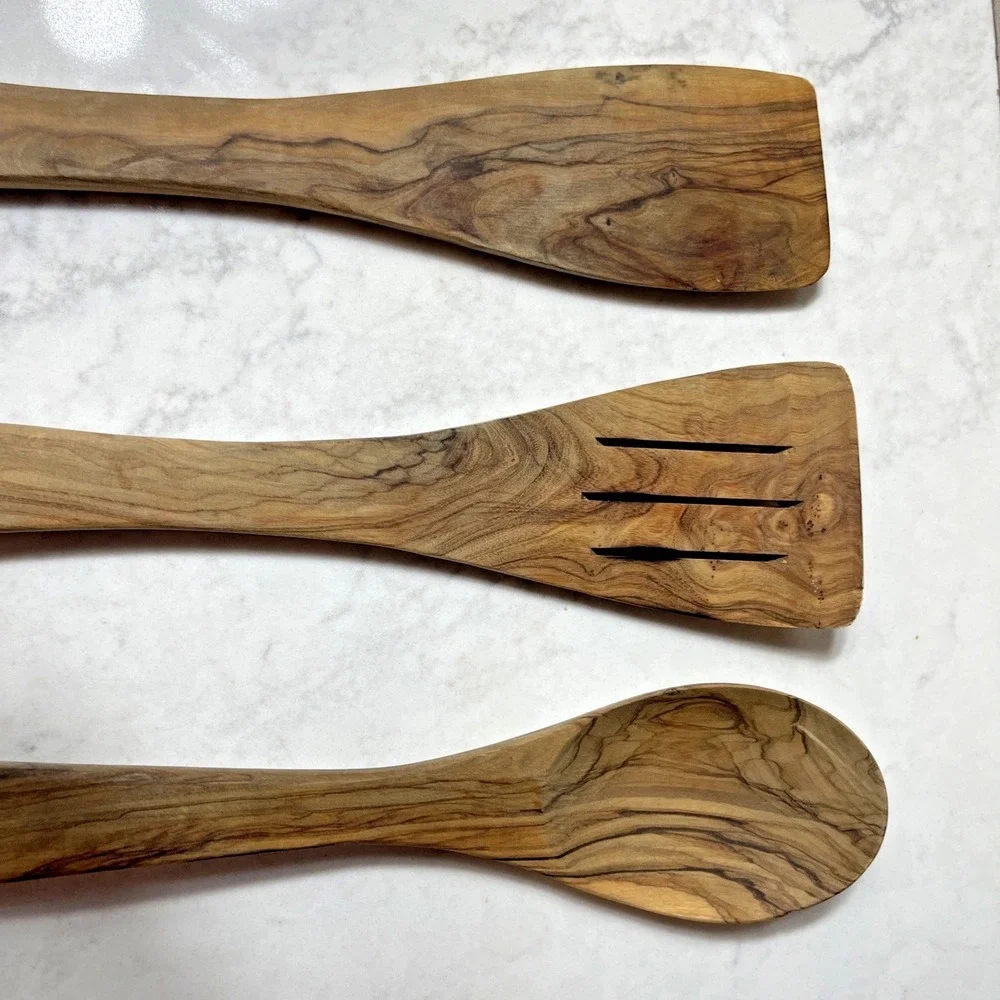 Mediterranean Olive Wood 3-Piece Handmade Cooking & Serving Utensils
